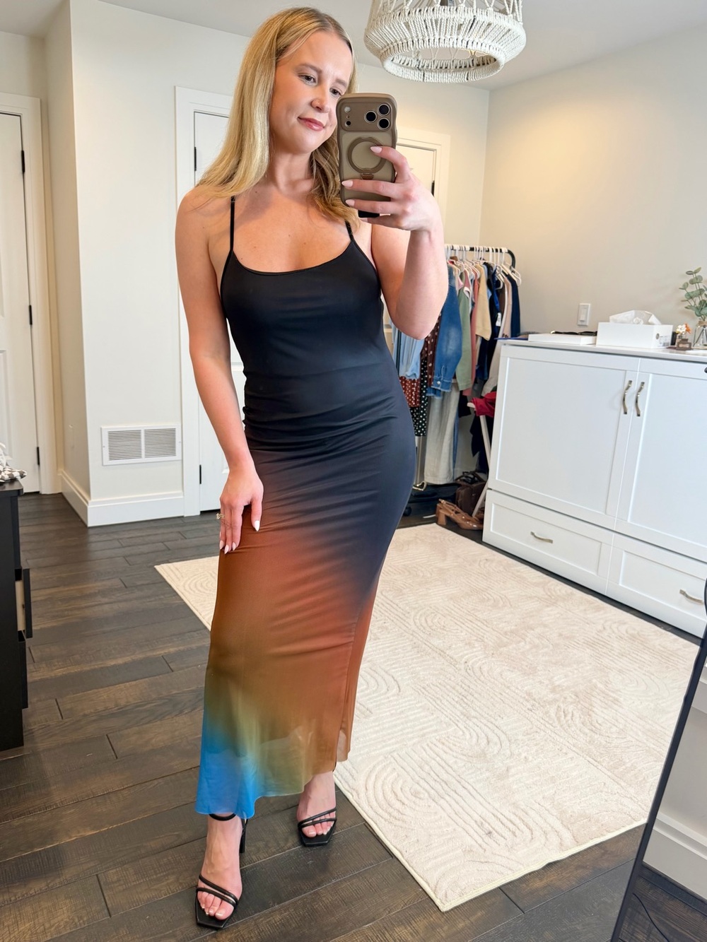Amazon Black Maxi Slip Dress with Multicolor Ombre Hem